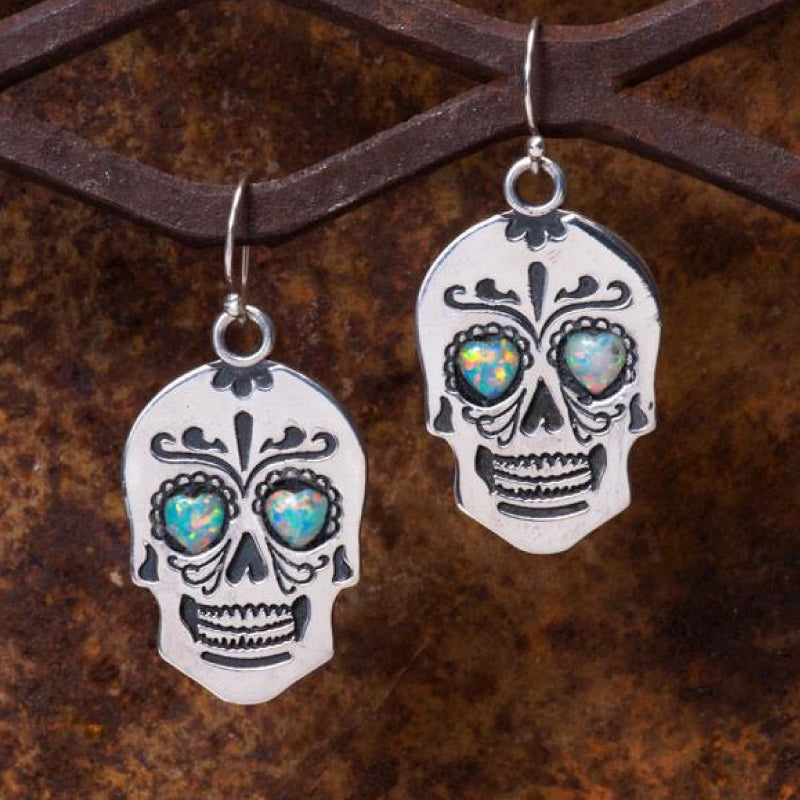 Sterling Sugar Skull Earrings with Opal eyes Shane Casias Custom Jewelry Revolution