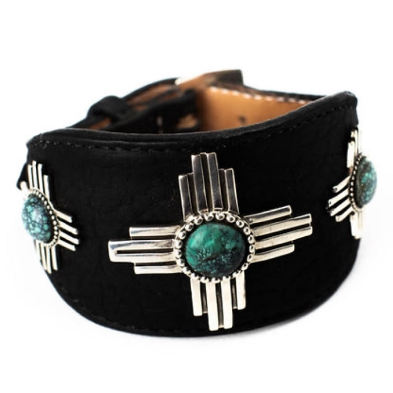 Silver Zia Leather Cuff with Turquoise Shane Casias Custom Jewelry Revolution