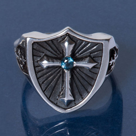    Silver Crusader Cross Blue Topaz Ring Shane Casias Custom Jewelry Revolution
