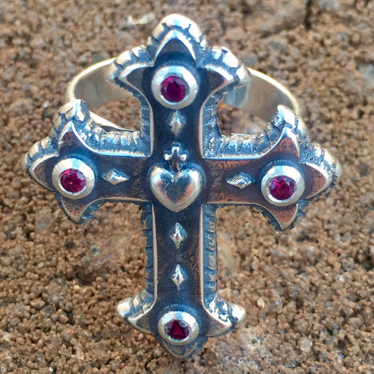 Sacred Heart Cross Silver Ring with Red Garnets Shane Casias Custom Jewelry Revolution