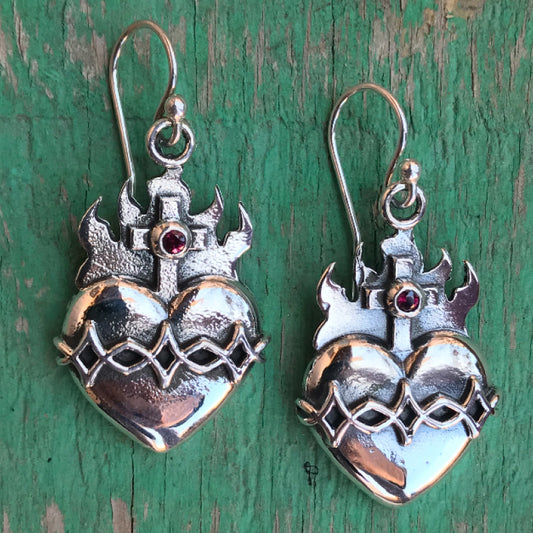 Silver Sacred Heart earrings with Red Garnets Shane Casias Custom Jewelry Revolution