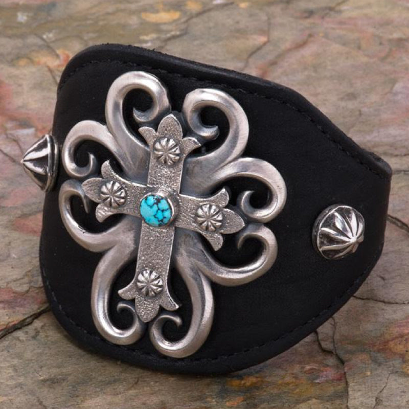 Large Sterling Silver Bison leather cuff with large silver Spirit Cross Shane Casias Custom Jewelry Revolution