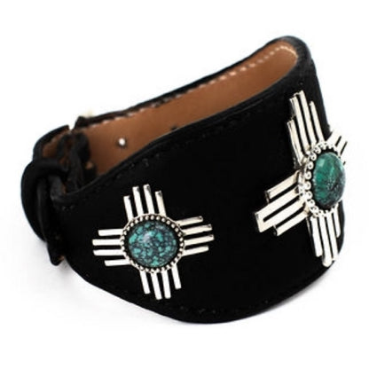 Silver Zia Leather Cuff with Turquoise Shane Casias Custom Jewelry Revolution